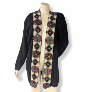 Vintage PA International Women's Beaded Black Knit Open Front Cardigan Sweater